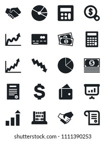 Set of vector isolated black icon - credit card vector, growth statistic, dollar sign, abacus, crisis graph, cash, calculator, pie, contract, handshake, wallet, money search, presentation