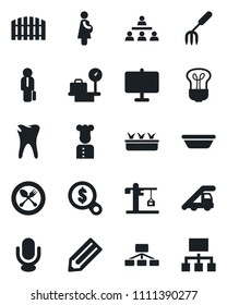 Set of vector isolated black icon - spoon and fork vector, ladder car, luggage scales, pencil, garden, seedling, caries, pregnancy, microphone, presentation board, hierarchy, manager, fence, crane