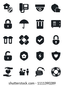 Set of vector isolated black icon - passport control vector, trash bin, safe, hose, patch, heart shield, hand, umbrella, protect, lock, estate insurance, intercome, water filter, home, surveillance