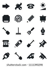 Set of vector isolated black icon - right arrow vector, ladder car, presentation board, drawing pin, job, garden fork, shovel, rake, well, satellite, hdmi, brightness, fingerprint id, ink pen, phone