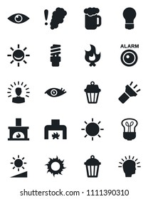 Set of vector isolated black icon - bulb vector, fire, sun, garden light, eye, torch, brightness, fireplace, beer, smoke detector, energy saving, outdoor lamp, alarm led, shining head
