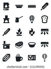 Set of vector isolated black icon - fire vector, fireplace, thermometer, air conditioner, coffee, bread, steak, hot dog, bowl, turkish, water heater, balloon