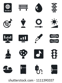 Set of vector isolated black icon - passport vector, pennant, statistic monitor, water drop, bench, dropper, traffic light, themes, brightness, music, fruit tree, salad, open close, fridge