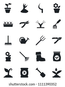 Set of vector isolated black icon - job vector, flower in pot, garden fork, farm, rake, seedling, watering can, sproute, pruner, boot, sickle, fertilizer, irrigation