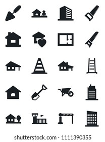 Set of vector isolated black icon - barrier vector, border cone, airport building, office, trowel, shovel, ladder, wheelbarrow, saw, house, with garage, tree, plan, sweet home, city