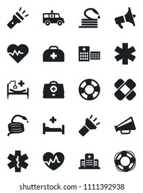 Set of vector isolated black icon - hose vector, heart pulse, doctor case, patch, ambulance star, car, hospital bed, loudspeaker, torch, crisis management