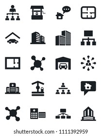 Set of vector isolated black icon - hierarchy vector, well, molecule, hospital, office building, garage, plan, home message