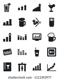 Set of vector isolated black icon - security gate vector, growth statistic, barcode, equalizer, scanner, monitor statistics, bar graph, wine card, drink, cocktail, phyto, beer, sushi, arrow up