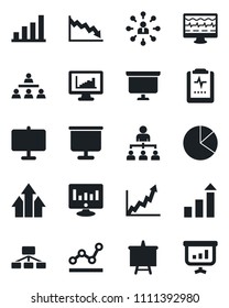 Set of vector isolated black icon - growth statistic vector, hierarchy, presentation board, monitor, pulse, clipboard, statistics, bar graph, pie, point, arrow up, crisis
