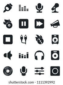 Set of vector isolated black icon - vinyl vector, flame disk, microphone, speaker, loudspeaker, equalizer, headphones, pause button, stop, fast forward, rca, hdmi, tuning, record