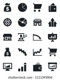 Set of vector isolated black icon - growth statistic vector, money bag, crisis graph, store, monitor statistics, pie, hr, target, arrow up, wallet, cart, presentation
