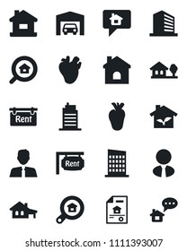 Set of vector isolated black icon - office building vector, house, real heart, with garage, tree, estate document, rent, search, agent, city, eco, home message