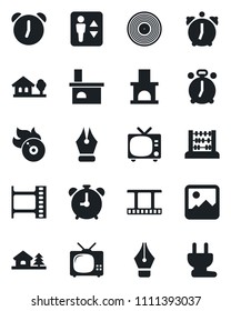 Set of vector isolated black icon - elevator vector, alarm clock, tv, abacus, fireplace, film frame, vinyl, flame disk, gallery, ink pen, house with tree, power plug