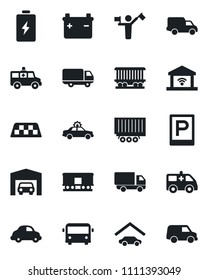 Set of vector isolated black icon - dispatcher vector, taxi, airport bus, parking, alarm car, ambulance, railroad, truck trailer, delivery, garage, gate control, battery