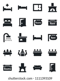 Set of vector isolated black icon - bed vector, shower, meeting, fireplace, hospital, plan, rent, rooms, bedroom, cushioned furniture, door