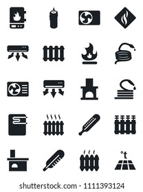 Set of vector isolated black icon - fire vector, hose, fireplace, thermometer, heater, air conditioner, candle, water, smoke detector, radiator, warm floor