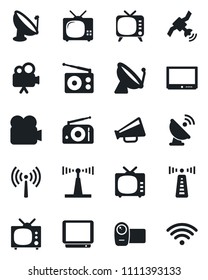 Set of vector isolated black icon - antenna vector, satellite, radio, loudspeaker, tv, video camera, wireless