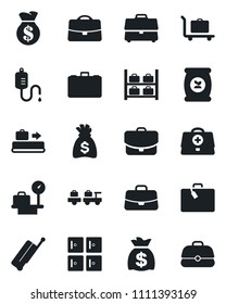 Set of vector isolated black icon - suitcase vector, baggage conveyor, trolley, larry, luggage storage, scales, checkroom, case, money bag, fertilizer, doctor, dropper