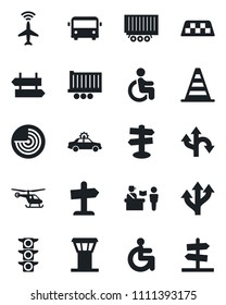 Set of vector isolated black icon - airport tower vector, plane radar, taxi, bus, passport control, signpost, alarm car, border cone, helicopter, disabled, route, traffic light, truck trailer