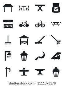 Set of vector isolated black icon - cafe vector, ladder car, rake, sickle, garden light, picnic table, fertilizer, bike, restaurant, alcove, outdoor lamp