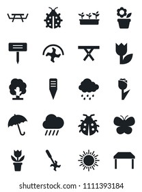 Set of vector isolated black icon - umbrella vector, sun, flower in pot, ripper, tree, butterfly, lady bug, seedling, rain, plant label, picnic table, tulip