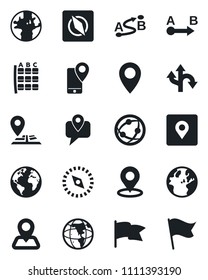 Set of vector isolated black icon - seat map vector, route, navigation, earth, pin, mobile tracking, network, place tag, compass, flag