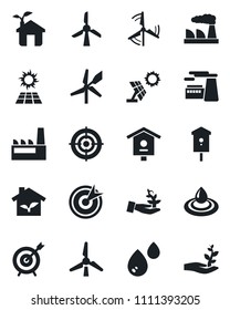 Set of vector isolated black icon - factory vector, bird house, target, windmill, eco, water, sun panel, palm sproute