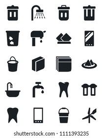 Set of vector isolated black icon - trash bin vector, shower, bucket, tooth, mobile, blank box, water supply, bathroom, serviette, filter, windmill