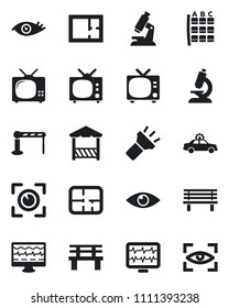 Set of vector isolated black icon - barrier vector, tv, alarm car, seat map, bench, monitor pulse, microscope, eye, torch, plan, alcove, scan