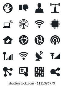 Set of vector isolated black icon - wireless notebook vector, satellite antenna, network, finger down, user, cellular signal, smart home, chip, control app, earth, social media