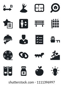 Set of vector isolated black icon - elevator vector, seat map, book, sproute, bench, caterpillar, pills bottle, doctor, sea port, route, reel, chain, favorites list, checklist, career ladder, plan
