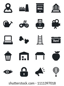 Set of vector isolated black icon - printer vector, ladder, watering can, garden light, eye, broken bone, navigation, gamepad, video camera, notebook pc, mailbox, warehouse, rent, lock, table
