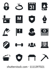 Set of vector isolated black icon - abacus vector, fireplace, pond, barbell, heart shield, important flag, support, calendar, lock, ink pen, desk lamp, table, menu, steaming pan, water heater, group