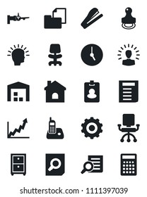 Set of vector isolated black icon - boarding vector, gear, office chair, document search, house, folder, radio phone, clock, archive box, stamp, stapler, warehouse, pass card, shining head
