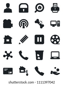 Set of vector isolated black icon - trash bin vector, printer, house, broken bone, reel, video camera, laptop pc, share, mail, pause button, call, user, lock, pencil, estate search, home control