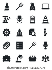 Set of vector isolated black icon - border cone vector, gear, office chair, money bag, meeting, farm fork, themes, clipboard, case, paper clip, building, document search, hr, checklist, desk lamp