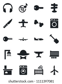 Set of vector isolated black icon - washer vector, plane, job, fireplace, broken bone, signpost, truck trailer, headphones, music, key, children room, table, restaurant, dress code, knife, windmill