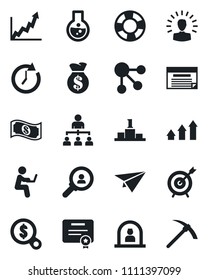 Set of vector isolated black icon - reception vector, hierarchy, target, consumer search, arrow up graph, shining head, money bag, clock, growth, flask, cash, paper plane, schedule, social media