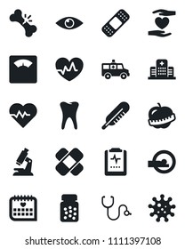 Set of vector isolated black icon - heart pulse vector, stethoscope, thermometer, microscope, scales, pills bottle, patch, tomography, ambulance car, hand, tooth, eye, broken bone, medical calendar