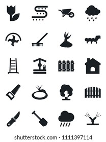 Set of vector isolated black icon - job vector, ripper, rake, ladder, tree, wheelbarrow, sproute, saw, house, rain, well, garden knife, caterpillar, pond, drip irrigation, tulip, fence