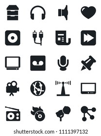 Set of vector isolated black icon - flame disk vector, microphone, radio, antenna, news, speaker, tv, video camera, network, headphones, heart, paper pin, fast forward, rec button, rca, record