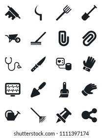 Set of vector isolated black icon - drawing pin vector, trowel, shovel, farm fork, rake, watering can, wheelbarrow, glove, sickle, monitor pulse, stethoscope, blood pressure, themes, paper clip