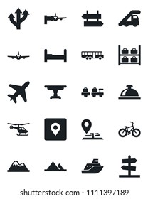 Set of vector isolated black icon - plane vector, airport bus, signpost, reception bell, baggage larry, ladder car, boarding, helicopter, luggage storage, bike, route, navigation, sea shipping
