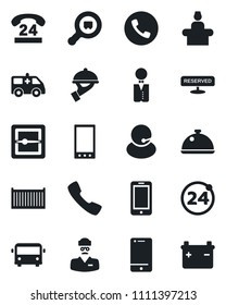 Set of vector isolated black icon - airport bus vector, 24 around, phone, reception, mobile, ambulance car, doctor, hours, support, cargo container, search, cell, call, scanner, waiter, dish