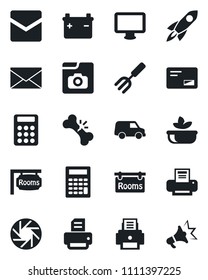 Set of vector isolated black icon - mail vector, printer, garden fork, broken bone, monitor, mobile camera, photo gallery, calculator, rooms, salad, battery, rocket, car, advertising