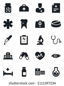 Set of vector isolated black icon - heart pulse vector, doctor case, diagnosis, stethoscope, dropper, microscope, pills, bottle, ampoule, ambulance star, hospital bed, caries, eye, clipboard, flask