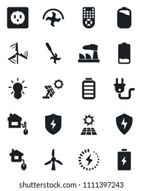 Set of vector isolated black icon - factory vector, ripper, remote control, battery, low, protect, charge, windmill, home, socket, power plug, bulb, sun panel