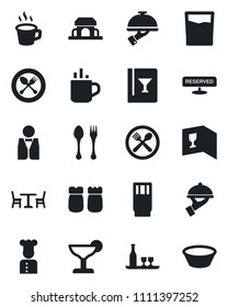 Set of vector isolated black icon - hot cup vector, spoon and fork, cafe, coffee, waiter, cook, alcohol, wine card, reserved, drink, cocktail, salt pepper, building, bowl