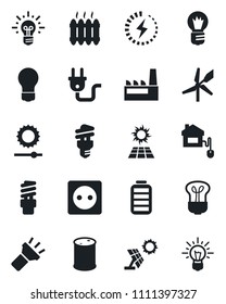 Set of vector isolated black icon - bulb vector, oil barrel, battery, torch, brightness, charge, heater, factory, home control, socket, power plug, energy saving, sun panel, windmill, idea