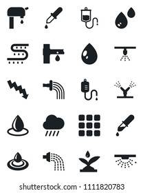 Set of vector isolated black icon - crisis graph vector, watering, water drop, rain, drip irrigation, dropper, menu, supply, sprinkler